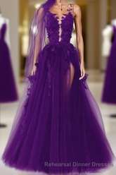 Purple Tulle With Lace Applique Long Party Dress, A-Line Tulle Semi Formal Prom Dress